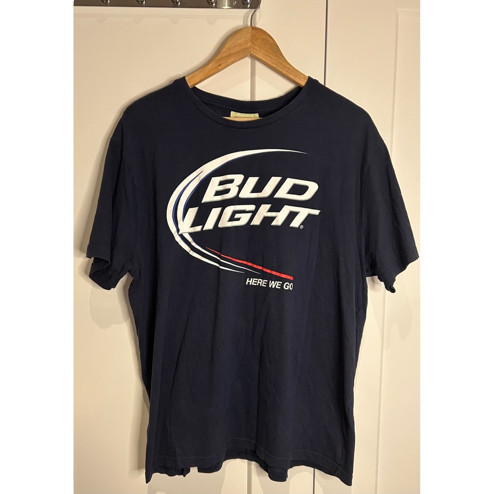 Bud Light Navy Blue Graphic T-Shirt XL Here We Go Official Merchandise Cotton
